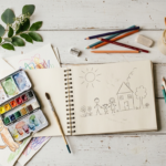 best homeschool art curriculum for kids flat lay with colored pencils and sketchbook