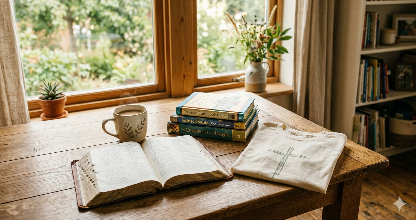 Faith-filled homeschool home with Bible, coffee, and shirt