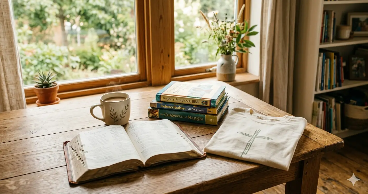 Faith-filled homeschool home with Bible, coffee, and shirt